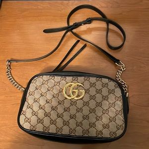 Monogram Matelasse Diagonal Small GG Marmont Chain Shoulder Bag Beige Black